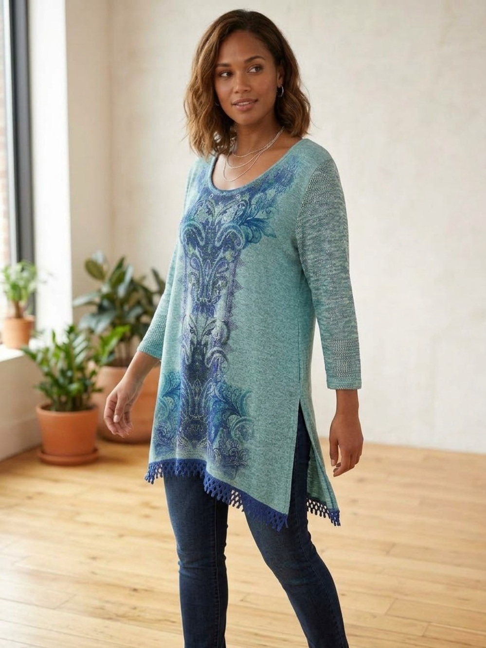Aqua Blue Scoop-Neck Tunic with Navy Ornamental Print and Crochet Hem